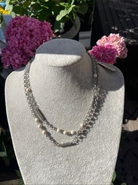 Stony - Silver Long Chain Necklace with Cream Bead Accents
